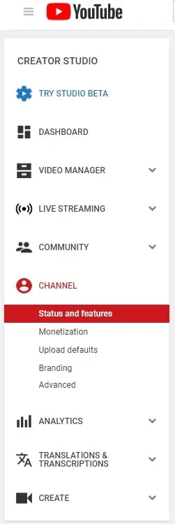 YouTube channel menu