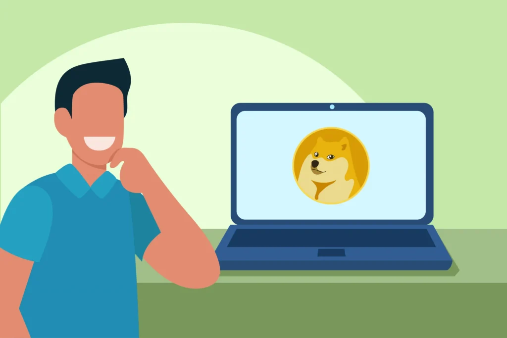 A flat illustration of a smiling man next to a laptop on a desk displaying the dogecoin