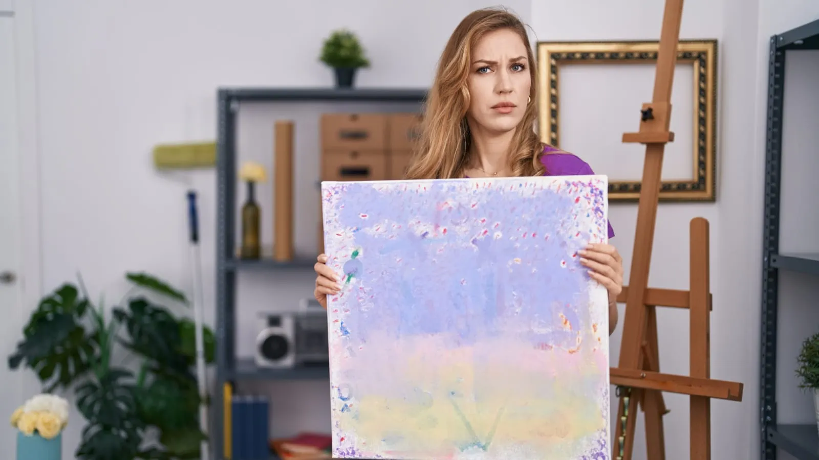 Confused woman with a silly painting